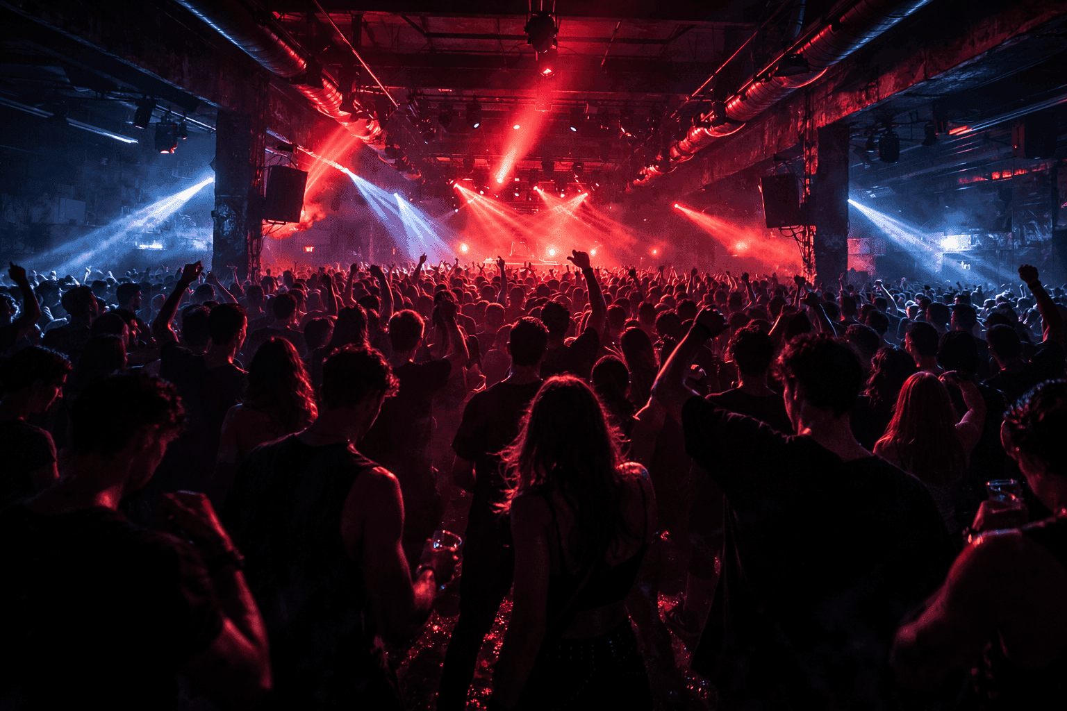 Crowd dancing in dark underground techno warehouse under blue and red lights with raised arms