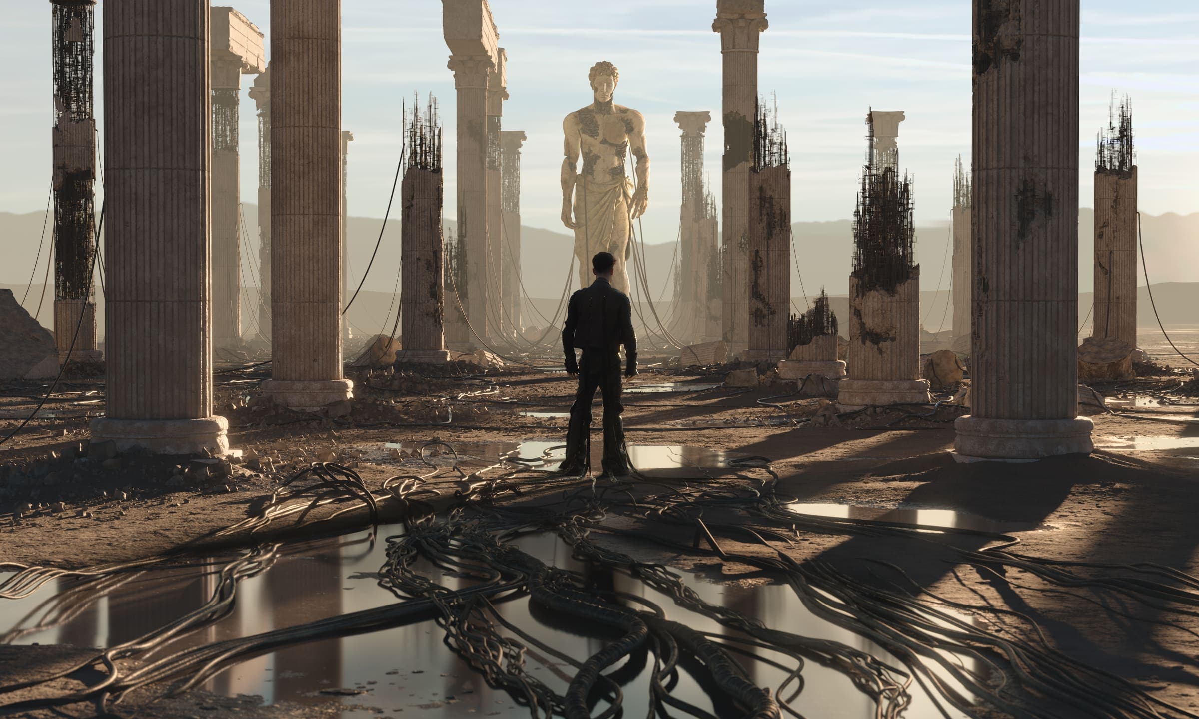 Anyma ÆDEN visual artwork featuring futuristic ruins with classical columns and a monumental statue in a desert landscape, symbolizing the fusion of technology and ancient civilization for the 2026 Ibiza residency at UNVRS.